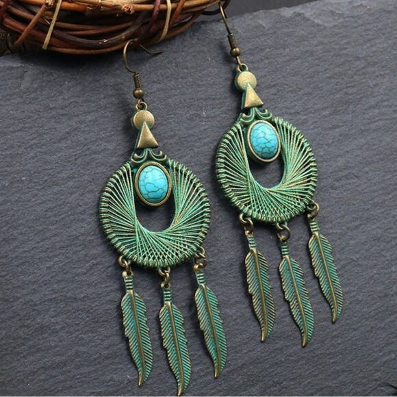 Retro Green Patina Brass Round Hand Wound Feather Wing Leaf Turquoise Earrings - Picture 12 of 12